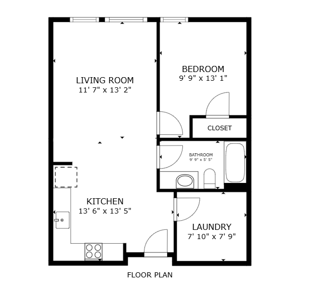 Floor plan for 1 bed, 1 bath, 607 sqft